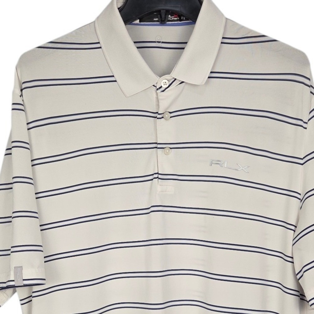 RLX Ralph Lauren Golf Polo Mens Large White Blue Stripe Performance Shirt - READ